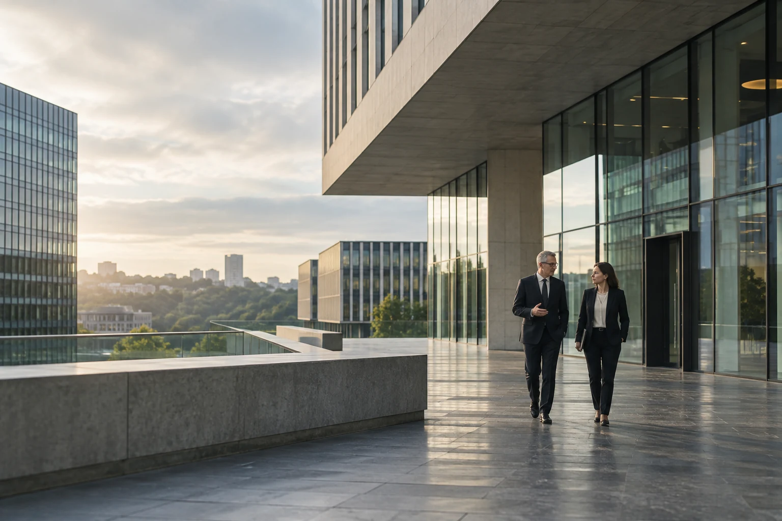 Two consultants in front of contemporary architecture in Luxembourg