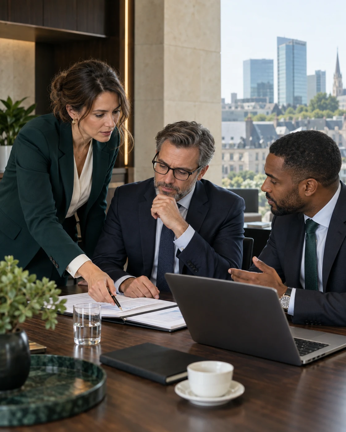 Three finance and compliance experts collaborating on an assignment