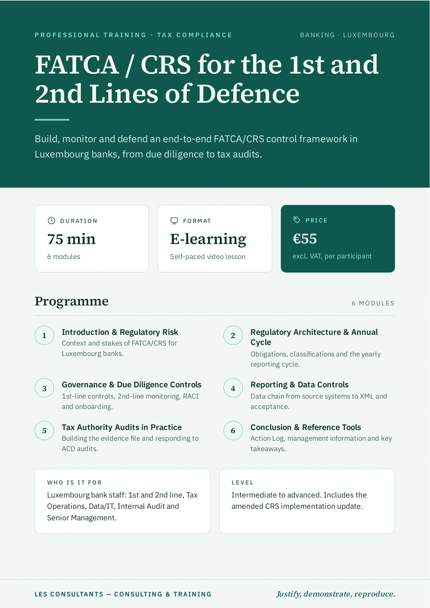 FATCA / CRS for the 1st and 2nd Lines of Defence
